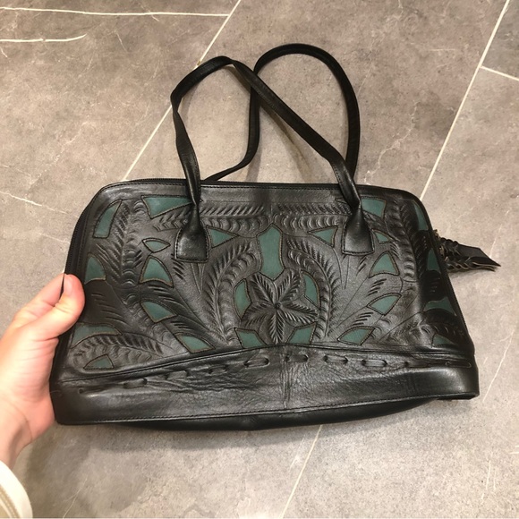 Leaders in Leather black tooled purse shoulder bag turquoise blue cowgirl - Picture 11 of 12
